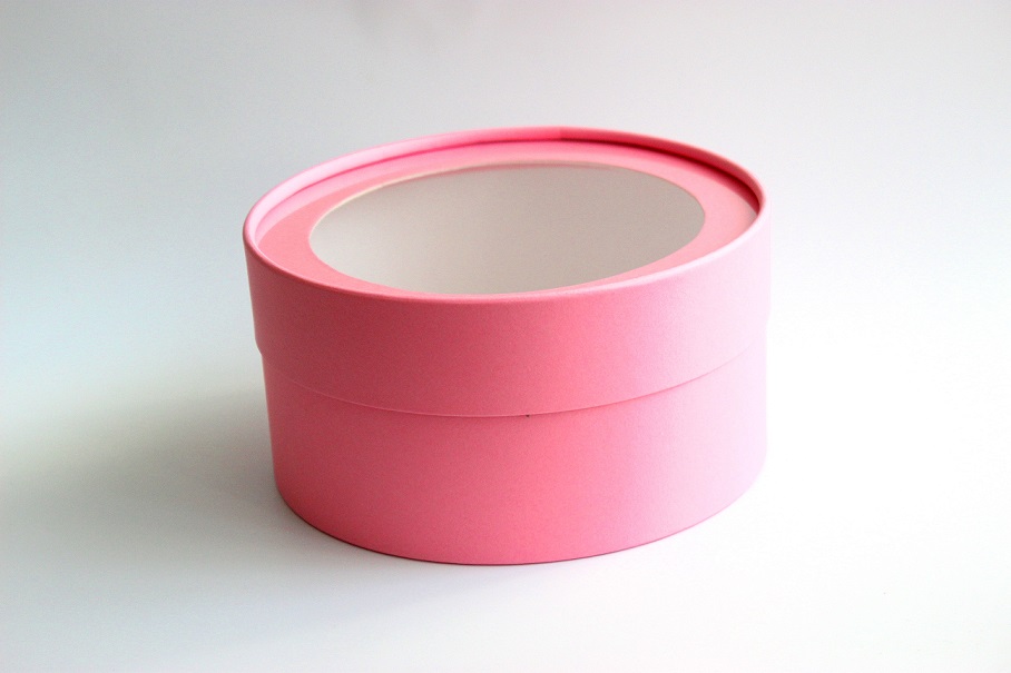 Коробка круглая с окном розовая, 16*8см
