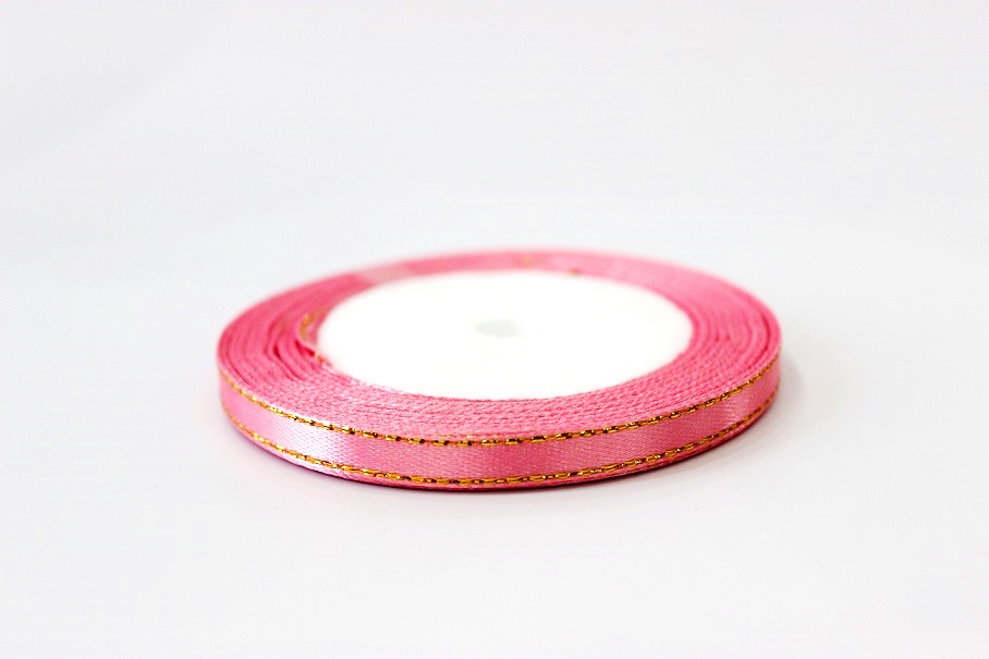 Лента атласная с золотым люрексом, розовая, 6 мм (20м)